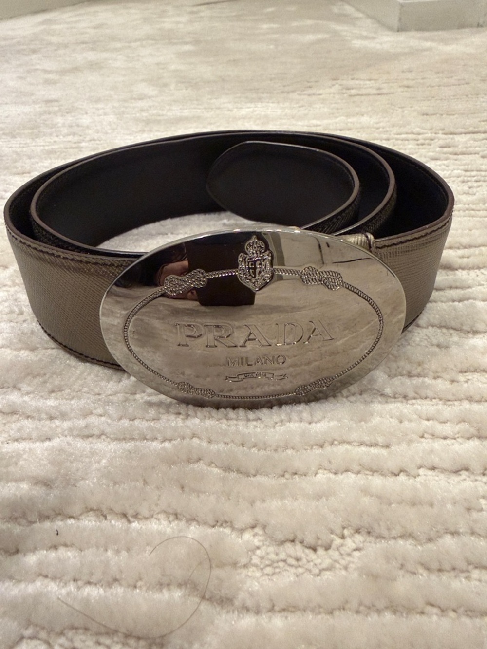 Prada Gray/Bronze Leather Belt with Silver Oval Logo Buckle